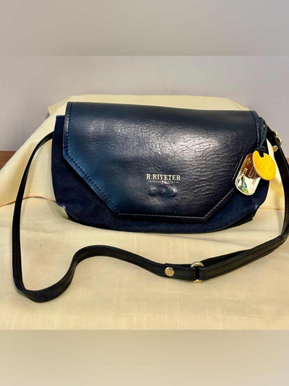 R. Riveter Leather Flap Black Canvas Crossbody Bag Handmade Military Wives USA